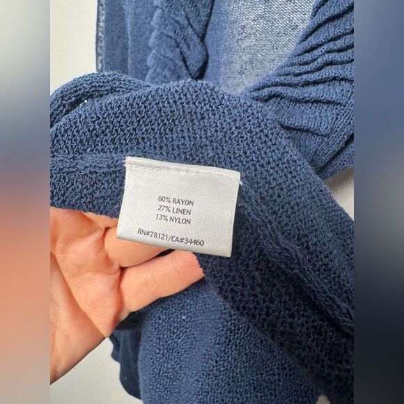 Eileen Fisher Navy Blue Linen Blend Cardigan Sweater Small S knitted ruffles - Picture 4 of 14
